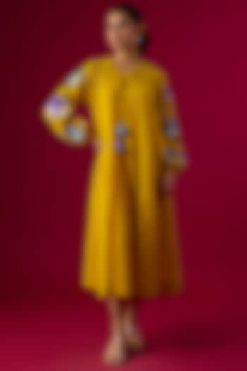 Yellow Fine Chanderi Embroidered Midi Vacation Dress by Half Full Curve at Pernia's Pop Up Shop