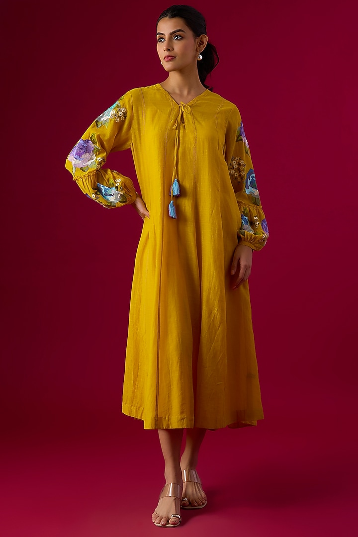 Yellow Fine Chanderi Embroidered Midi Vacation Dress by Half Full Curve at Pernia's Pop Up Shop
