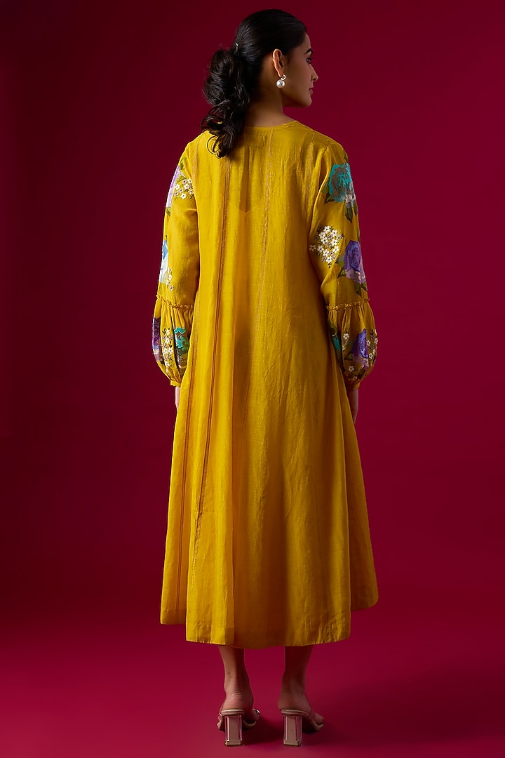 Yellow Fine Chanderi Embroidered Midi Vacation Dress by Half Full Curve at Pernia's Pop Up Shop
