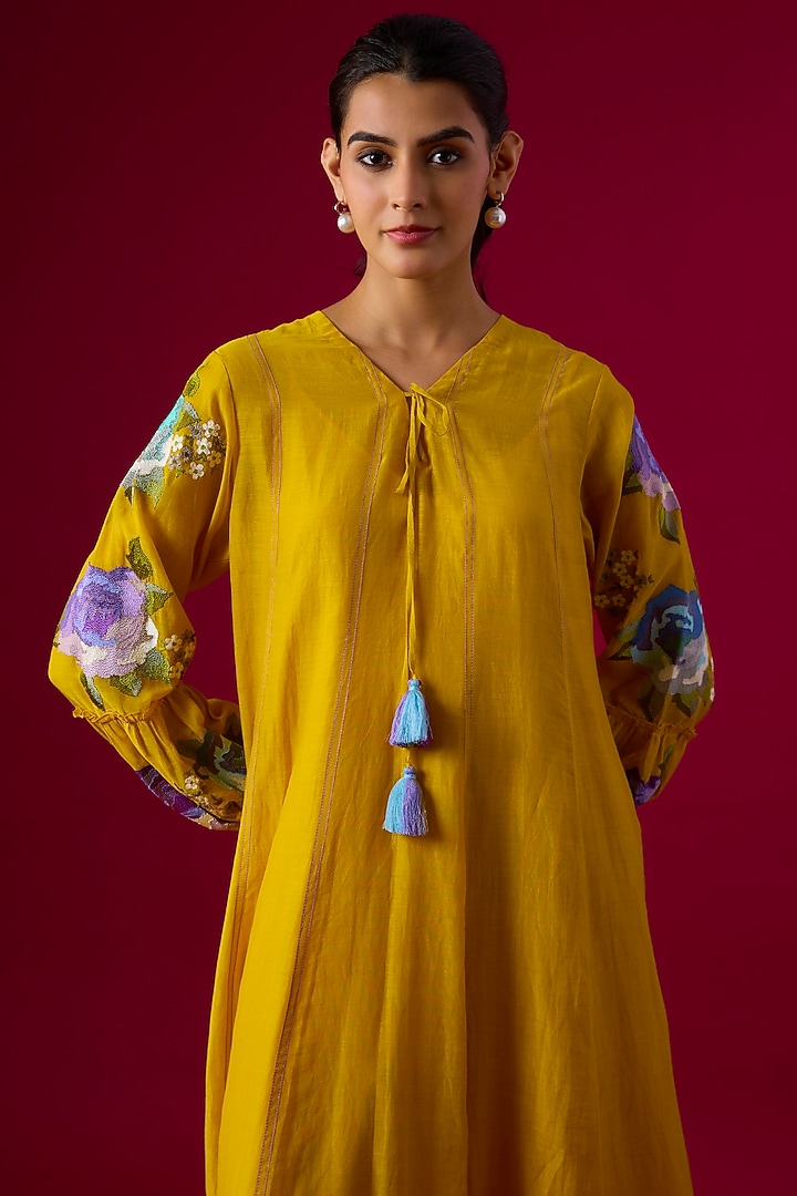 Yellow Fine Chanderi Embroidered Midi Vacation Dress by Half Full Curve at Pernia's Pop Up Shop