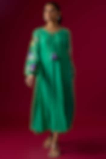 Blue Fine Chanderi Embroidered Midi Vacation Dress by Half Full Curve at Pernia's Pop Up Shop