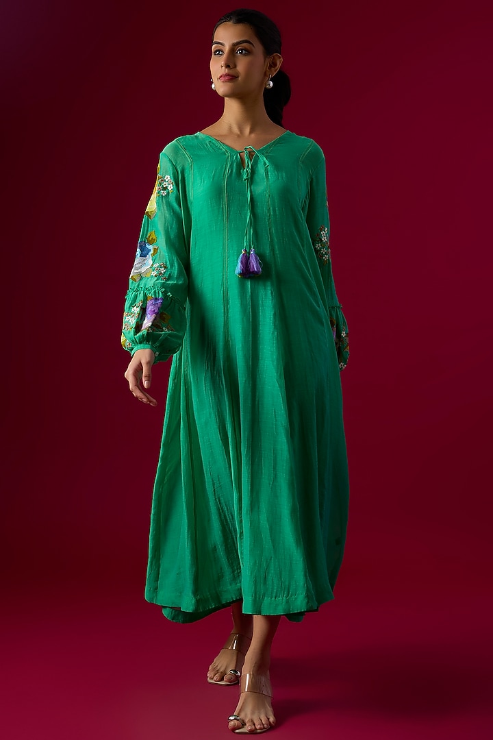 Blue Fine Chanderi Embroidered Midi Vacation Dress by Half Full Curve at Pernia's Pop Up Shop