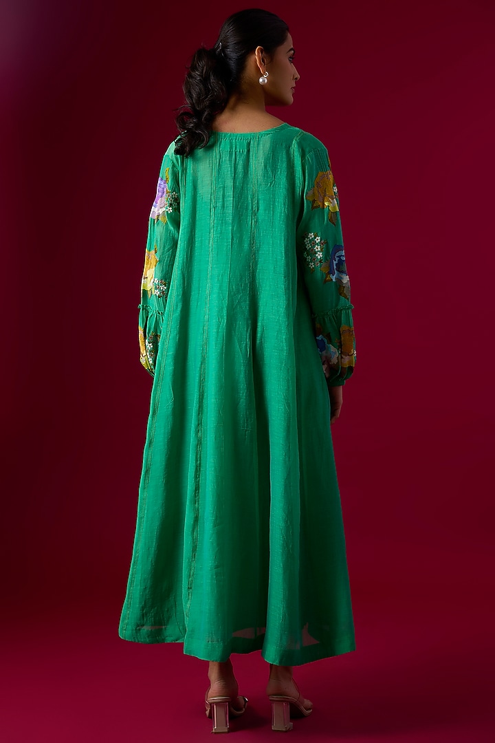 Blue Fine Chanderi Embroidered Midi Vacation Dress by Half Full Curve at Pernia's Pop Up Shop