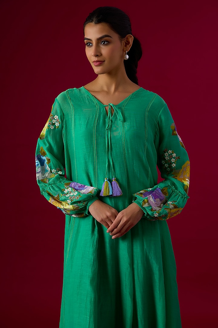 Blue Fine Chanderi Embroidered Midi Vacation Dress by Half Full Curve at Pernia's Pop Up Shop