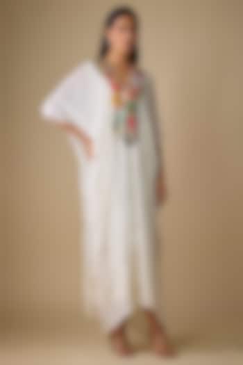 Ivory Crepe Chiffon Embroidered Kaftan by Half Full Curve at Pernia's Pop Up Shop