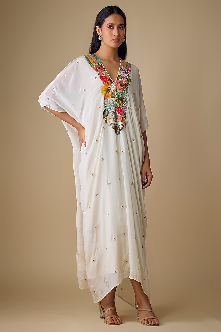 Ivory Crepe Chiffon Embroidered Kaftan by Half Full Curve at Pernia's Pop Up Shop