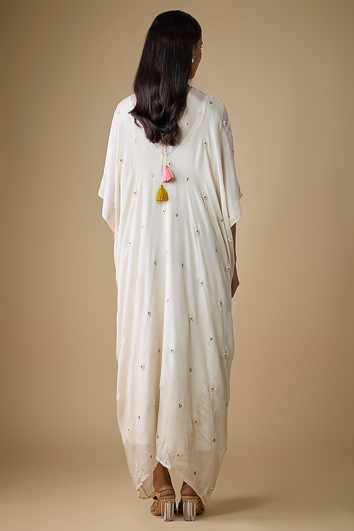 Ivory Crepe Chiffon Embroidered Kaftan by Half Full Curve at Pernia's Pop Up Shop