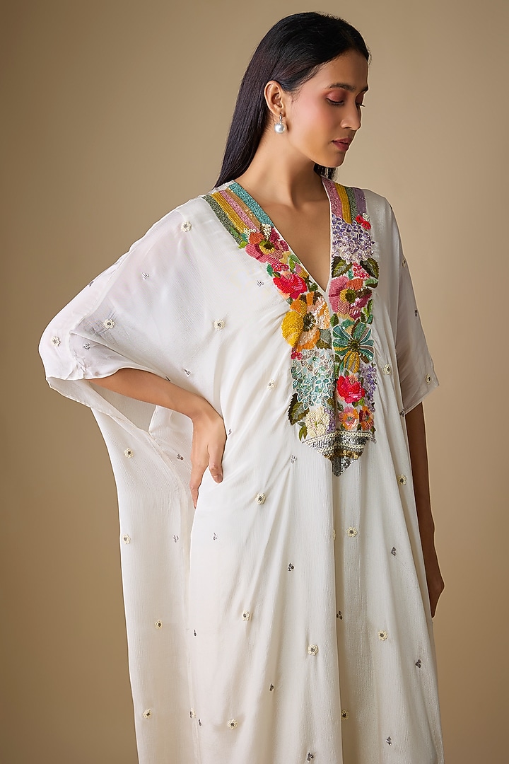Ivory Crepe Chiffon Embroidered Kaftan by Half Full Curve at Pernia's Pop Up Shop