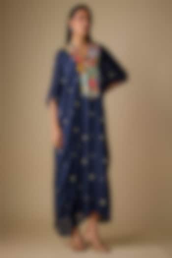 Blue Crepe Chiffon Embroidered Kaftan by Half Full Curve at Pernia's Pop Up Shop