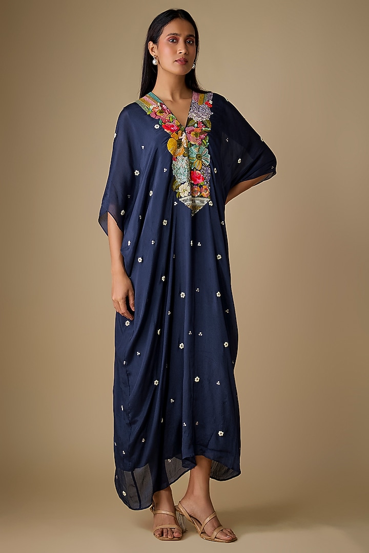 Blue Crepe Chiffon Embroidered Kaftan by Half Full Curve at Pernia's Pop Up Shop