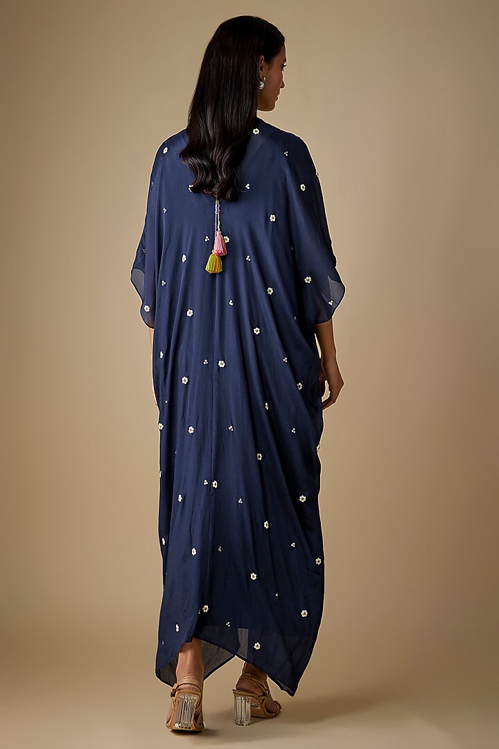 Blue Crepe Chiffon Embroidered Kaftan by Half Full Curve at Pernia's Pop Up Shop