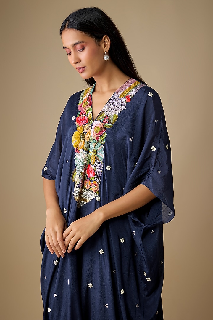 Blue Crepe Chiffon Embroidered Kaftan by Half Full Curve at Pernia's Pop Up Shop