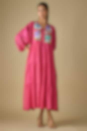 Pink Fine Chanderi Embroidered Vacation Dress by Half Full Curve at Pernia's Pop Up Shop