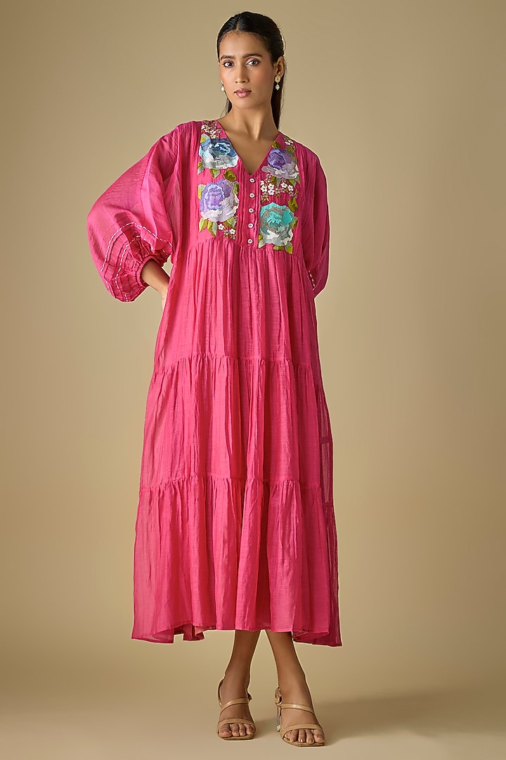 Pink Fine Chanderi Embroidered Vacation Dress by Half Full Curve at Pernia's Pop Up Shop