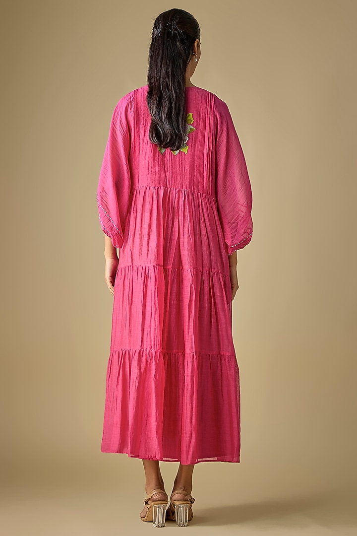 Pink Fine Chanderi Embroidered Vacation Dress by Half Full Curve at Pernia's Pop Up Shop