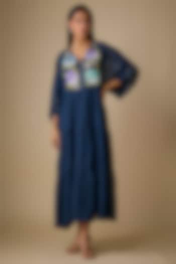 Blue Fine Chanderi Embroidered Vacation Dress by Half Full Curve at Pernia's Pop Up Shop