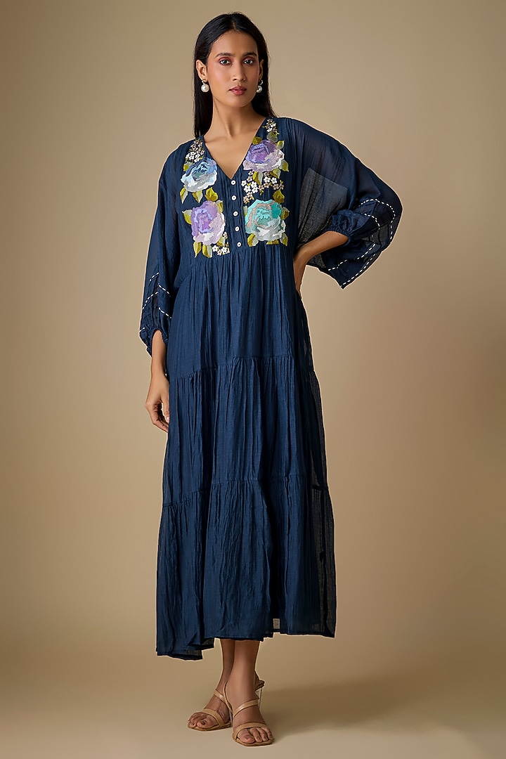 Blue Fine Chanderi Embroidered Vacation Dress by Half Full Curve at Pernia's Pop Up Shop