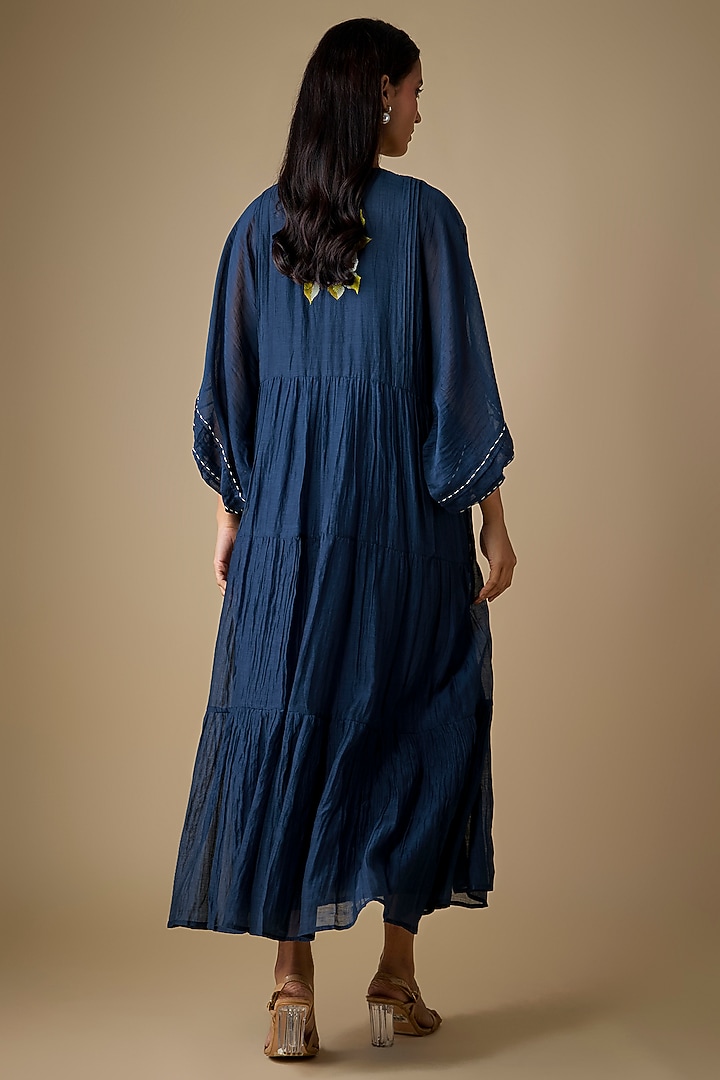 Blue Fine Chanderi Embroidered Vacation Dress by Half Full Curve at Pernia's Pop Up Shop