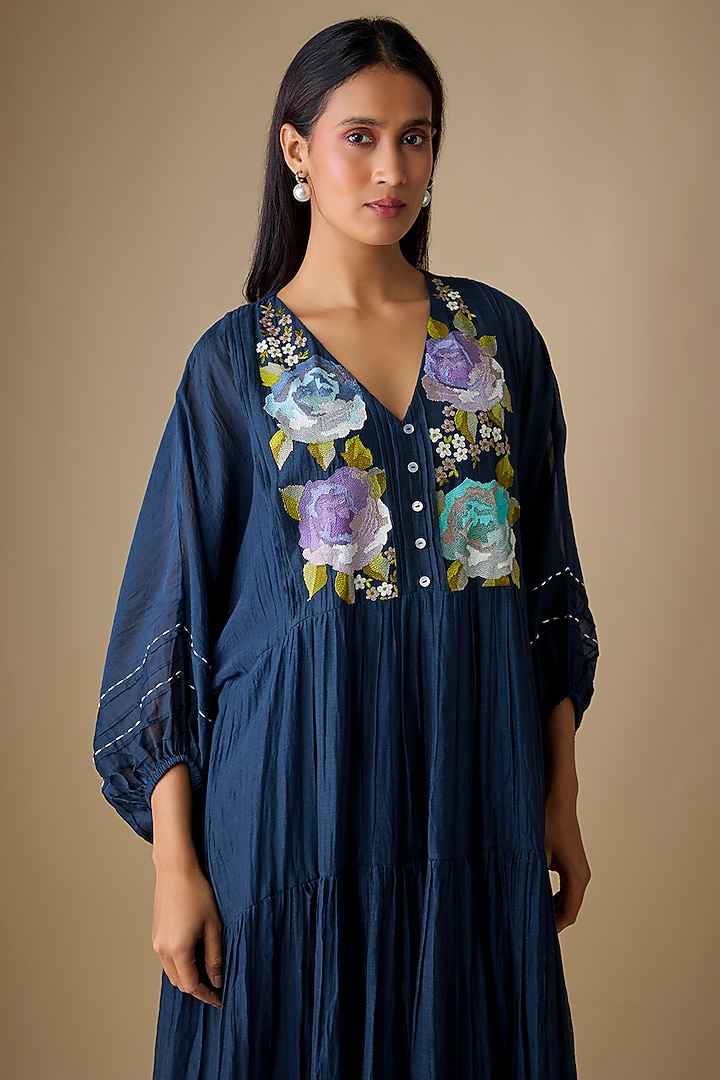 Blue Fine Chanderi Embroidered Vacation Dress by Half Full Curve at Pernia's Pop Up Shop