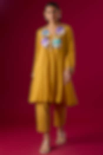 Yellow Fine Chanderi Embroidered Kurta Set by Half Full Curve at Pernia's Pop Up Shop