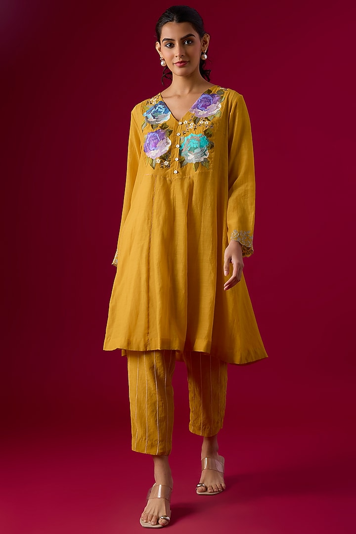 Yellow Fine Chanderi Embroidered Kurta Set by Half Full Curve at Pernia's Pop Up Shop
