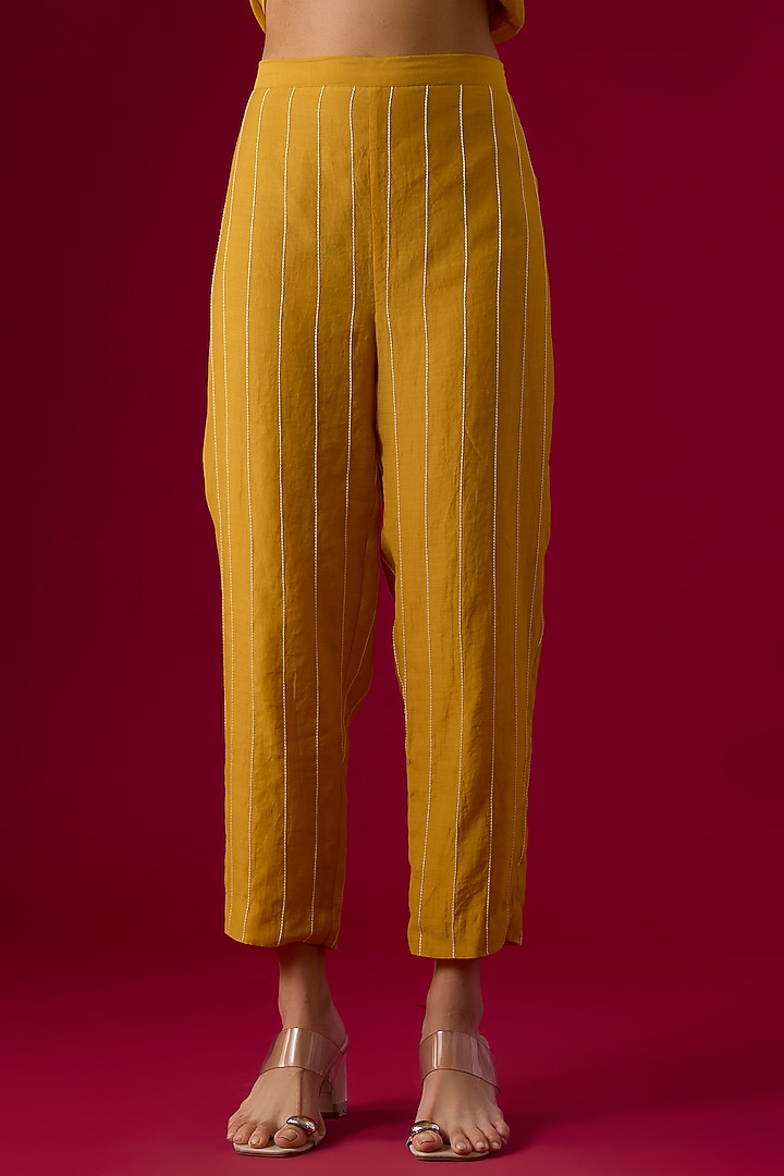 Yellow Fine Chanderi Embroidered Kurta Set by Half Full Curve at Pernia's Pop Up Shop