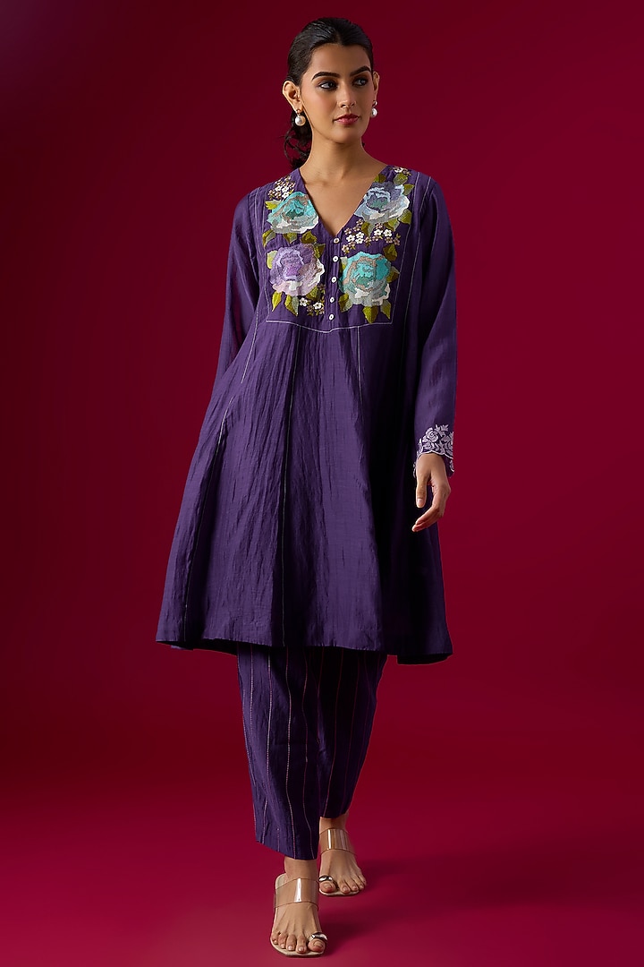 Purple Fine Chanderi Embroidered Kurta Set by Half Full Curve at Pernia's Pop Up Shop