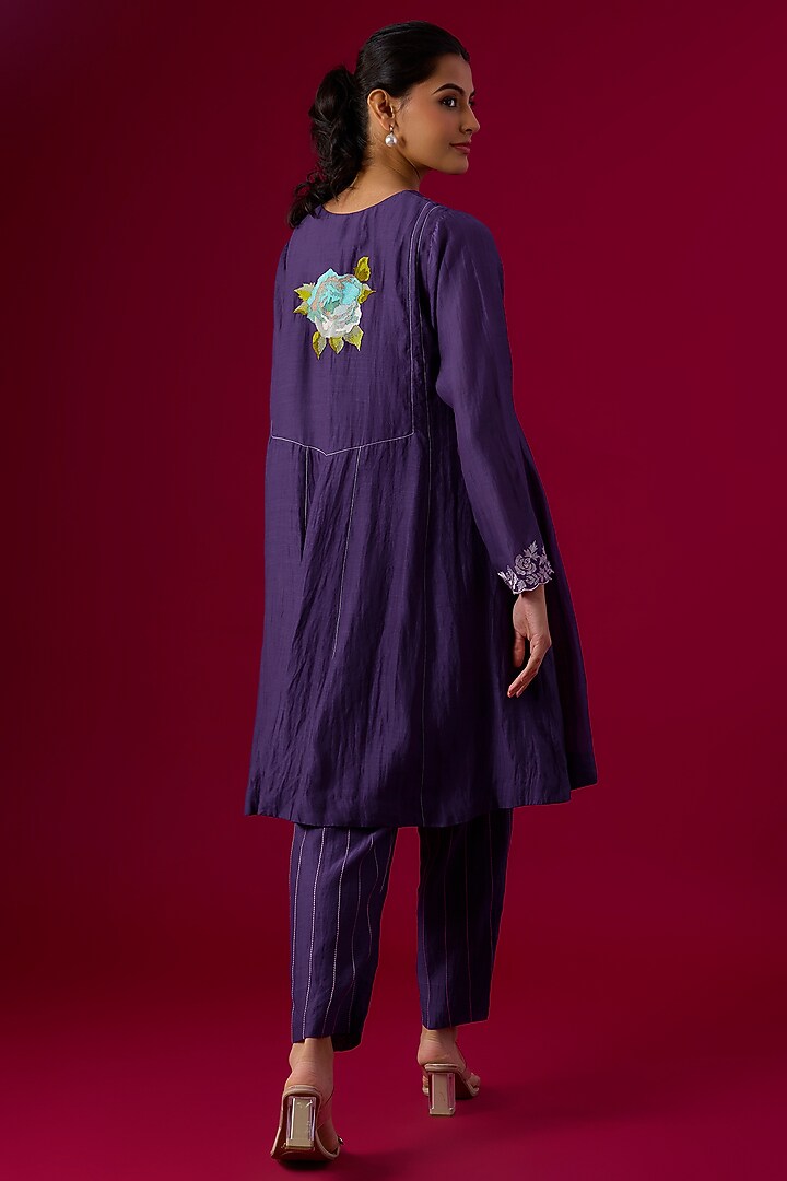 Purple Fine Chanderi Embroidered Kurta Set by Half Full Curve at Pernia's Pop Up Shop