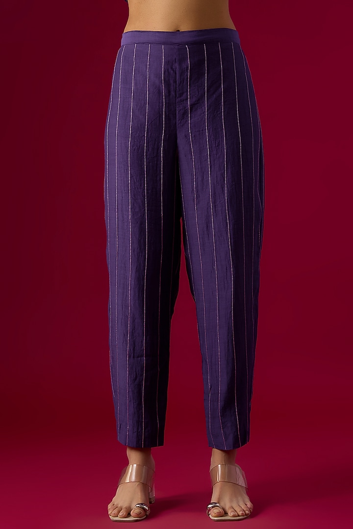 Purple Fine Chanderi Embroidered Kurta Set by Half Full Curve at Pernia's Pop Up Shop