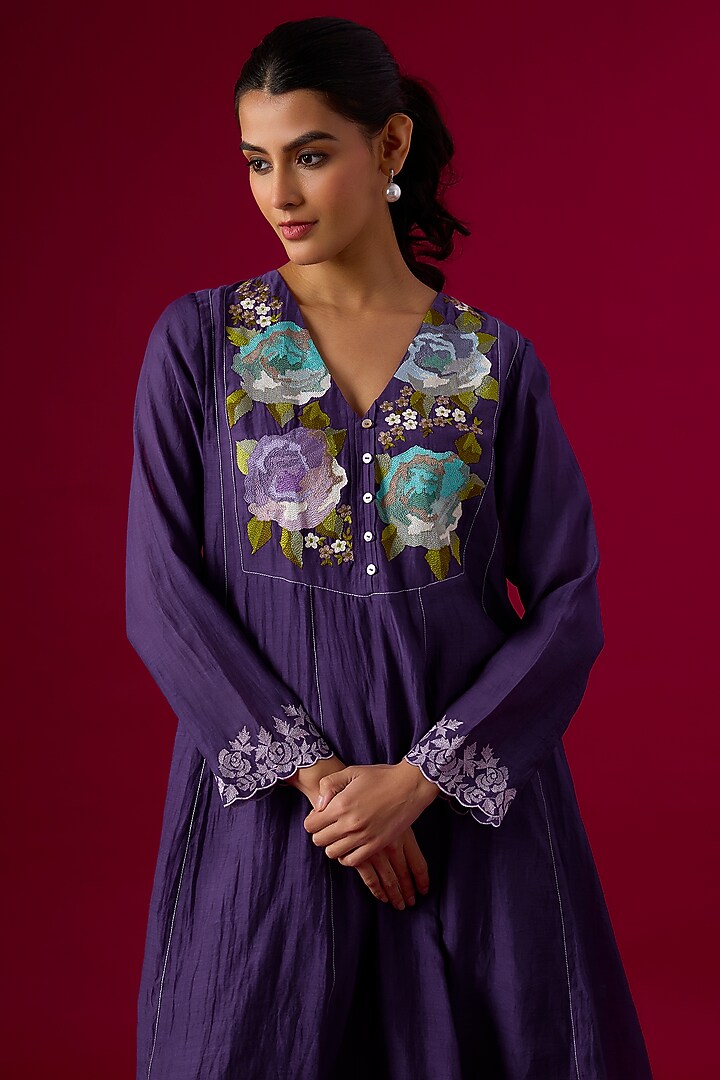 Purple Fine Chanderi Embroidered Kurta Set by Half Full Curve at Pernia's Pop Up Shop