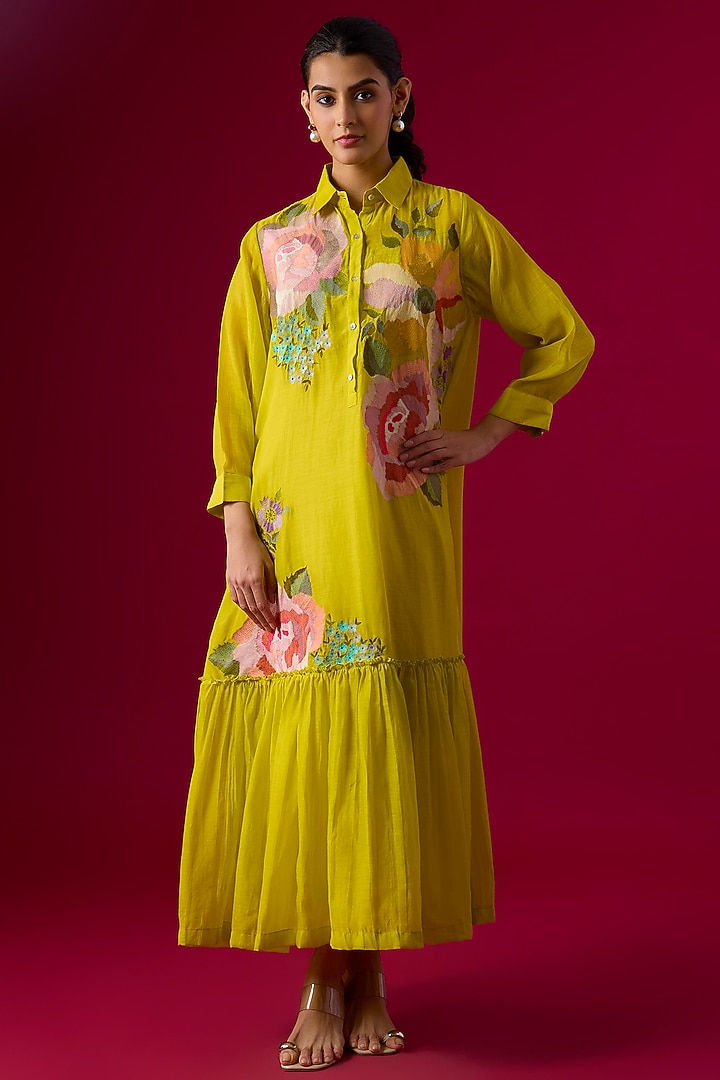 Green Fine Chanderi Floral Embroidered Flapper Vacation Dress by Half Full Curve at Pernia's Pop Up Shop