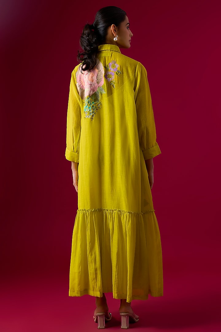Green Fine Chanderi Floral Embroidered Flapper Vacation Dress by Half Full Curve at Pernia's Pop Up Shop