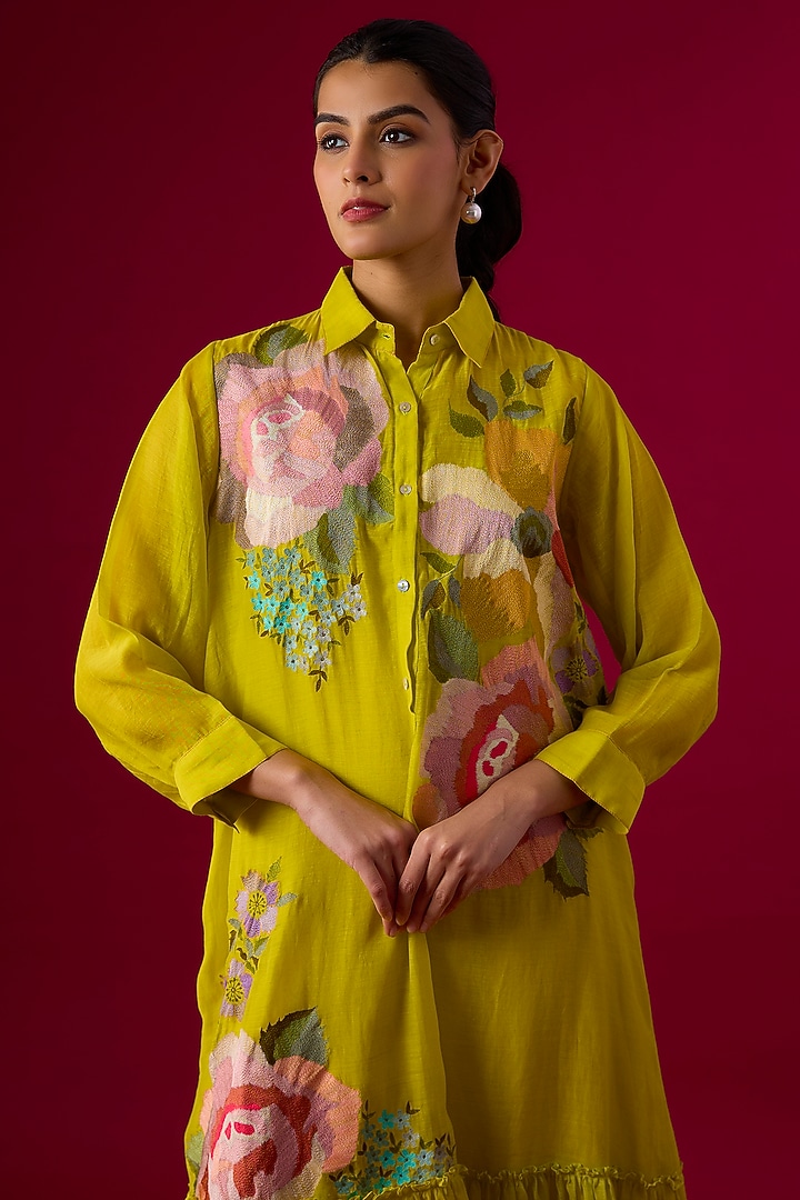 Green Fine Chanderi Floral Embroidered Flapper Vacation Dress by Half Full Curve at Pernia's Pop Up Shop