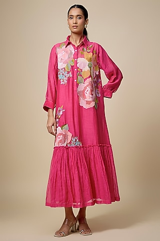 Pink Fine Chanderi Floral Embroidered Midi Dress by Half Full Curve
