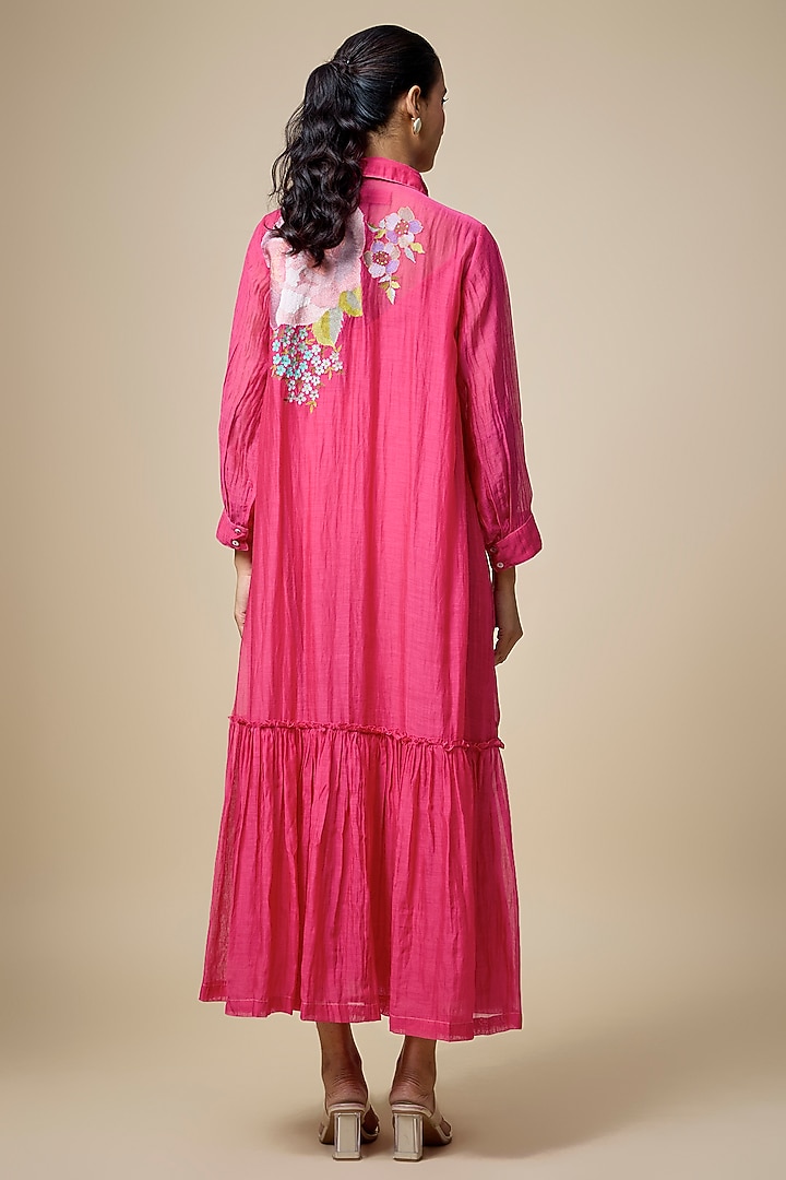 Pink Fine Chanderi Floral Embroidered Midi Vacation Dress by Half Full Curve at Pernia's Pop Up Shop