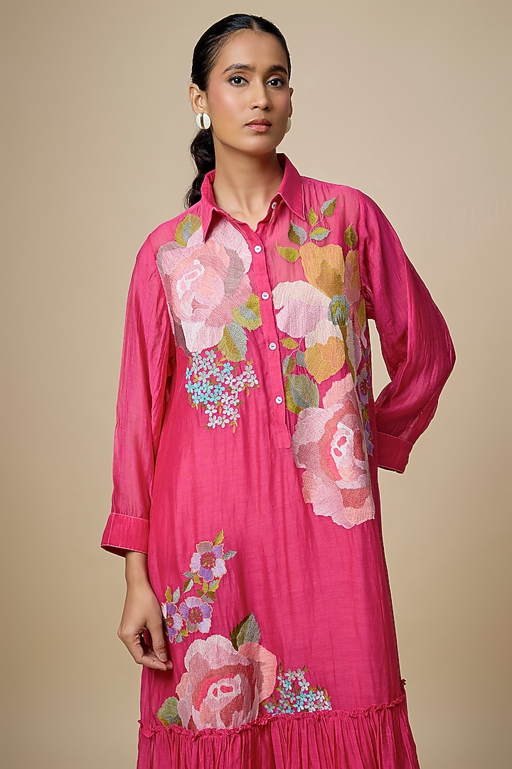 Pink Fine Chanderi Floral Embroidered Midi Vacation Dress by Half Full Curve at Pernia's Pop Up Shop