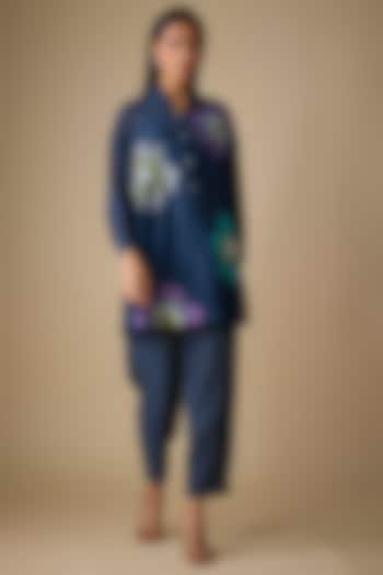 Blue Fine Chanderi Floral Embroidered Tunic Set by Half Full Curve at Pernia's Pop Up Shop