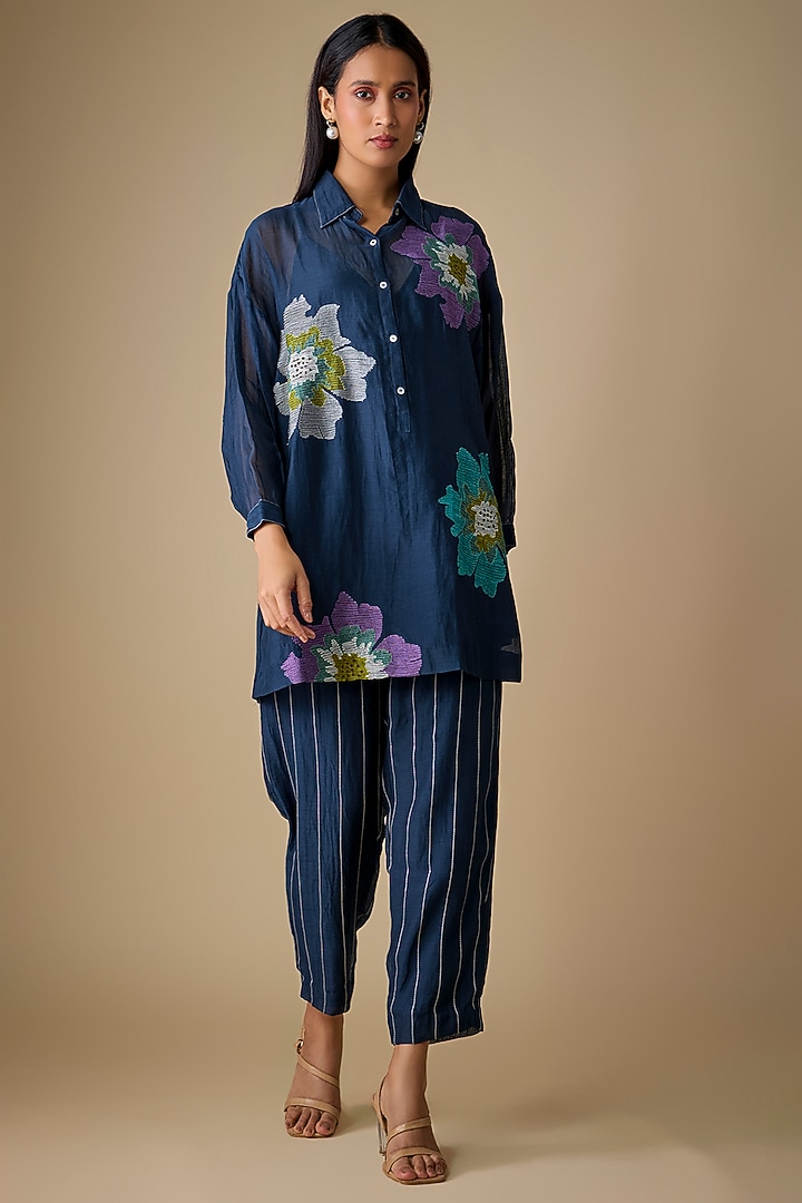 Blue Fine Chanderi Floral Embroidered Tunic Set by Half Full Curve at Pernia's Pop Up Shop