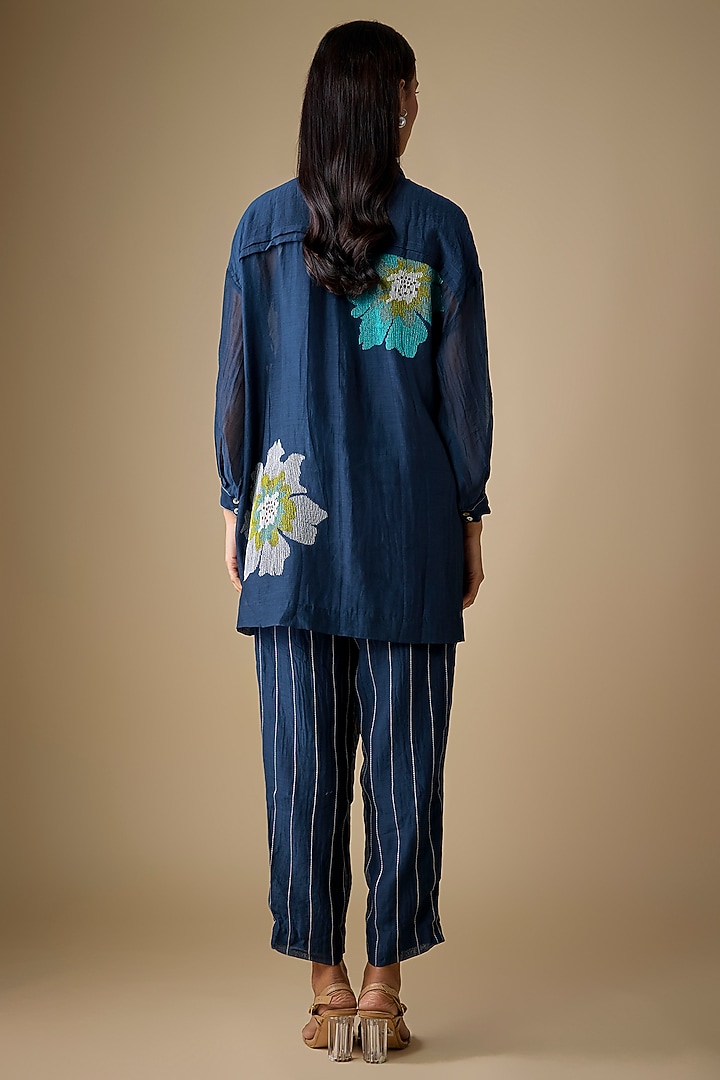 Blue Fine Chanderi Floral Embroidered Tunic Set by Half Full Curve at Pernia's Pop Up Shop