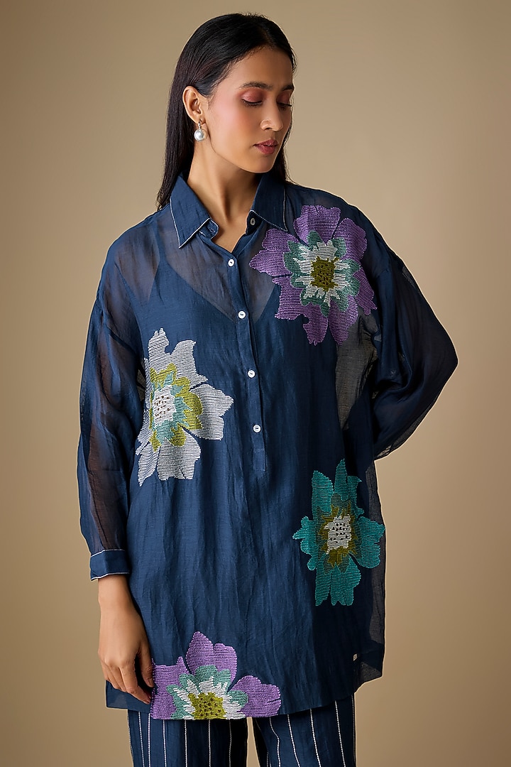 Blue Fine Chanderi Floral Embroidered Tunic Set by Half Full Curve at Pernia's Pop Up Shop
