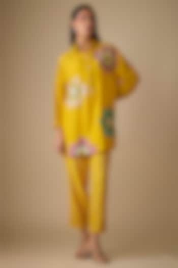 Yellow Fine Chanderi Floral Embroidered Tunic Set by Half Full Curve at Pernia's Pop Up Shop