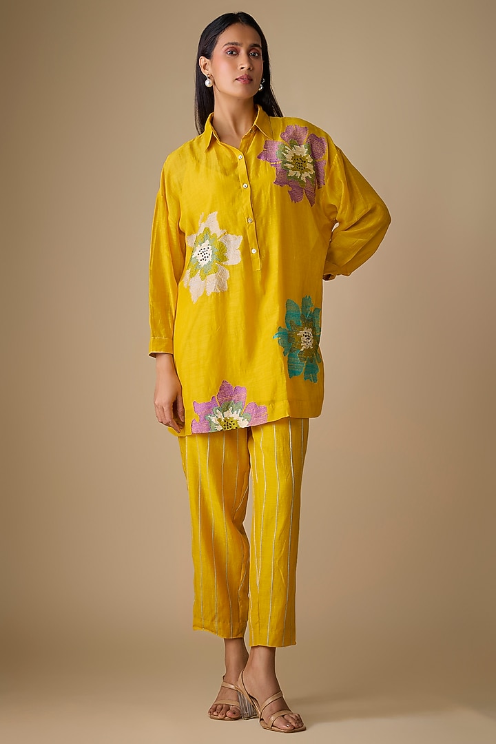 Yellow Fine Chanderi Floral Embroidered Tunic Set by Half Full Curve at Pernia's Pop Up Shop