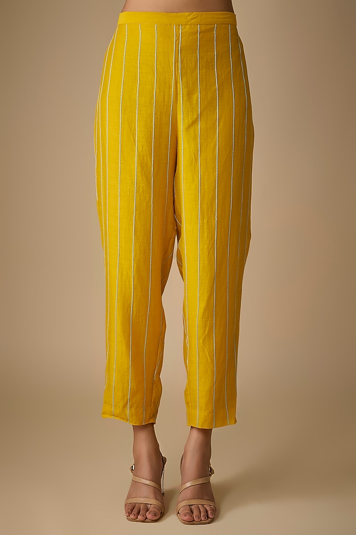 Yellow Fine Chanderi Floral Embroidered Tunic Set by Half Full Curve at Pernia's Pop Up Shop