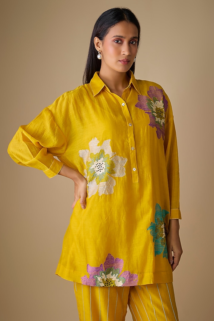 Yellow Fine Chanderi Floral Embroidered Tunic Set by Half Full Curve at Pernia's Pop Up Shop