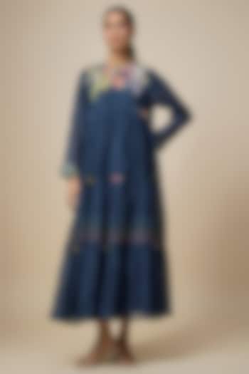 Blue Fine Chanderi Hand Embroidered Tiered Midi Vacation Dress by Half Full Curve at Pernia's Pop Up Shop