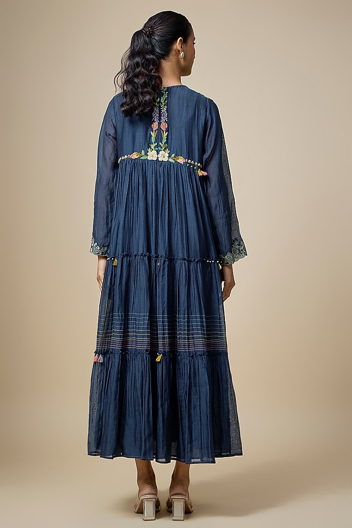 Blue Fine Chanderi Hand Embroidered Tiered Midi Vacation Dress by Half Full Curve at Pernia's Pop Up Shop