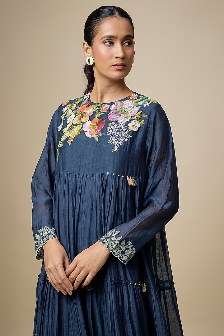 Blue Fine Chanderi Hand Embroidered Tiered Midi Vacation Dress by Half Full Curve at Pernia's Pop Up Shop
