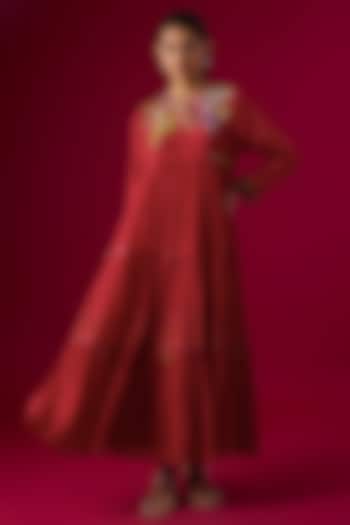 Red Fine Chanderi Embroidered Tiered Vacation Dress by Half Full Curve at Pernia's Pop Up Shop