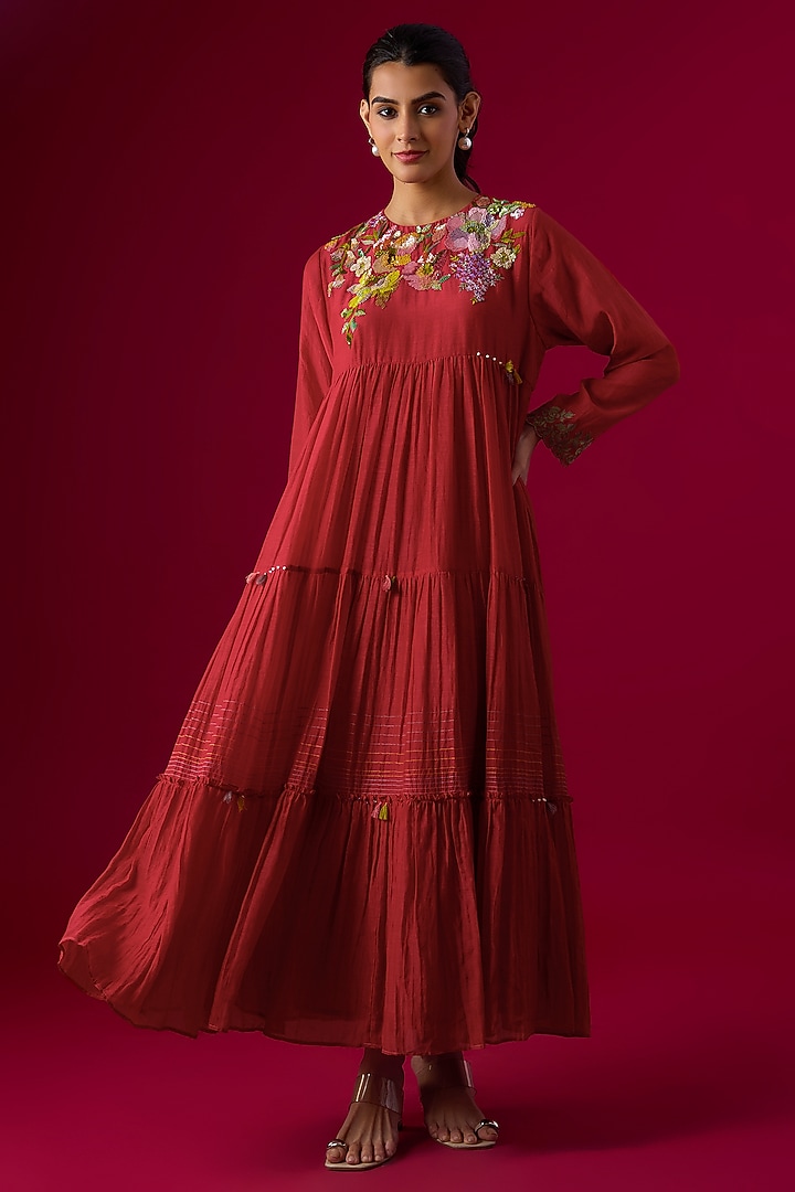 Red Fine Chanderi Embroidered Tiered Vacation Dress by Half Full Curve at Pernia's Pop Up Shop