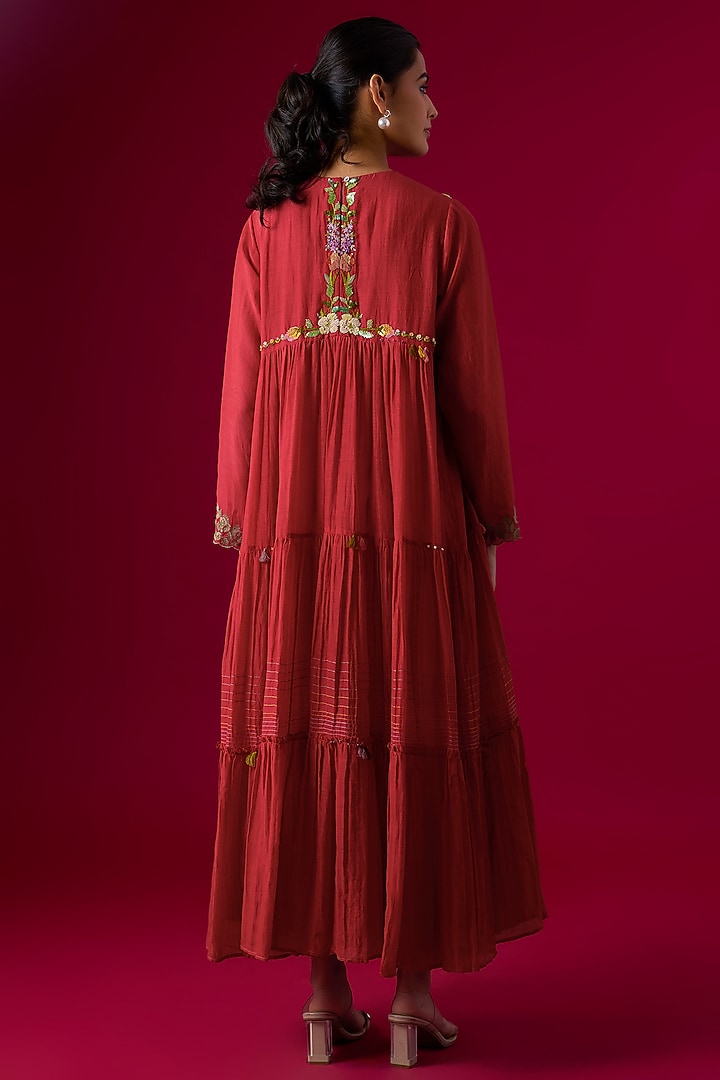Red Fine Chanderi Embroidered Tiered Vacation Dress by Half Full Curve at Pernia's Pop Up Shop